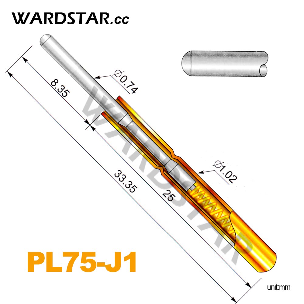 100pcs PL75-J1 직경 0.74mm 스프링 테스트 프로브 포고 핀 길이 33.35mm (스트로크 스프링 Froce:120g)